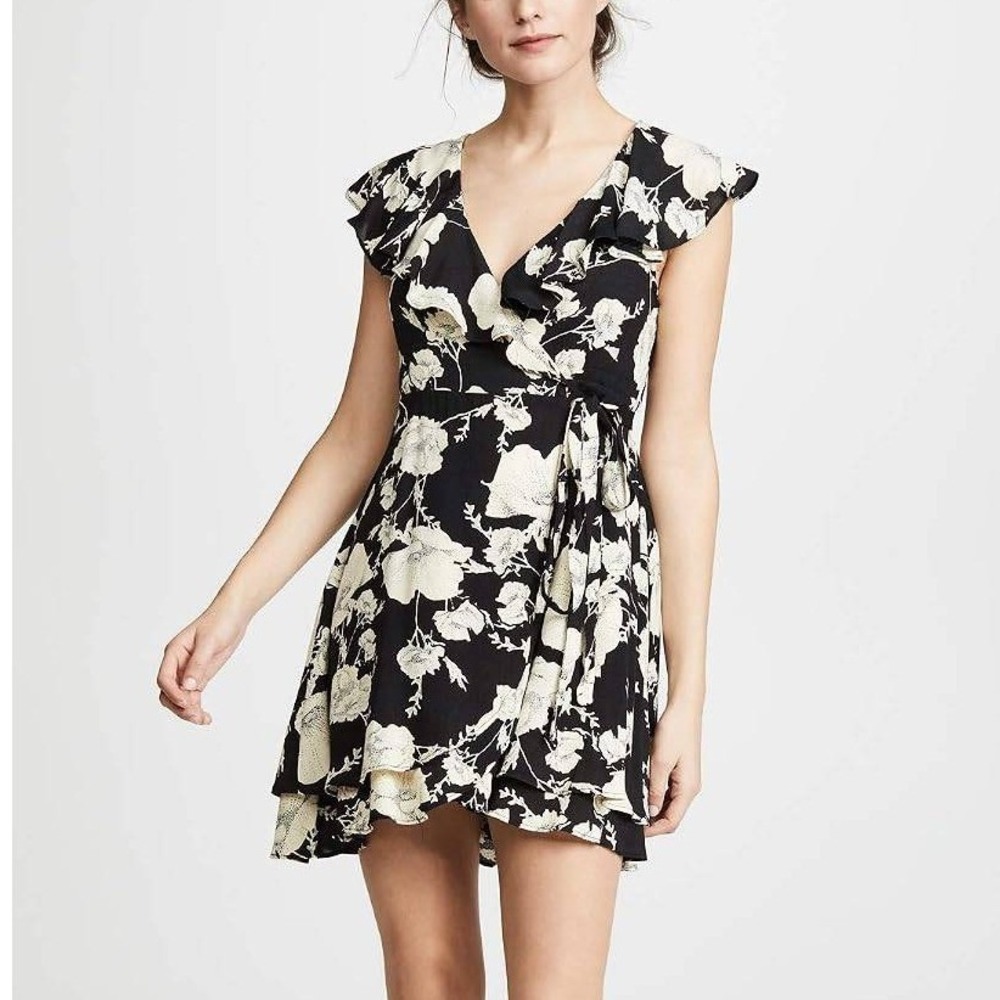 Free People Womens Black Cream Floral French Quarter Wrap Mini Dress Size M